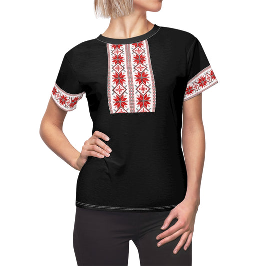 Traditionelles Stickerei-Druck-T-Shirt der Frauen Schwarz