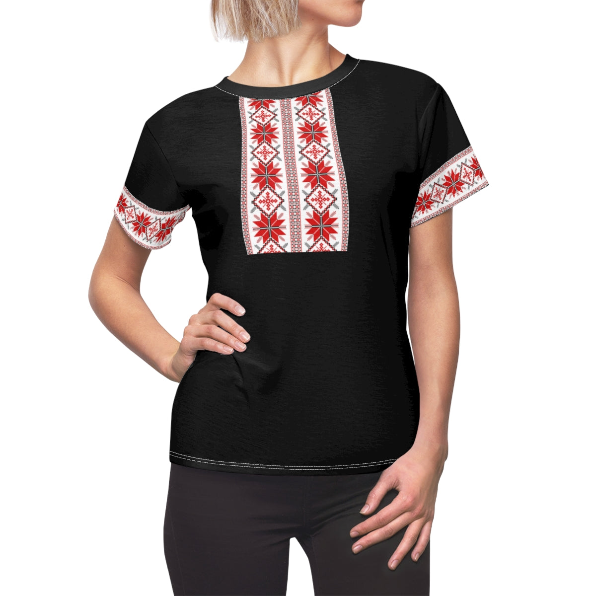 女式传统刺绣印花 T 恤黑色